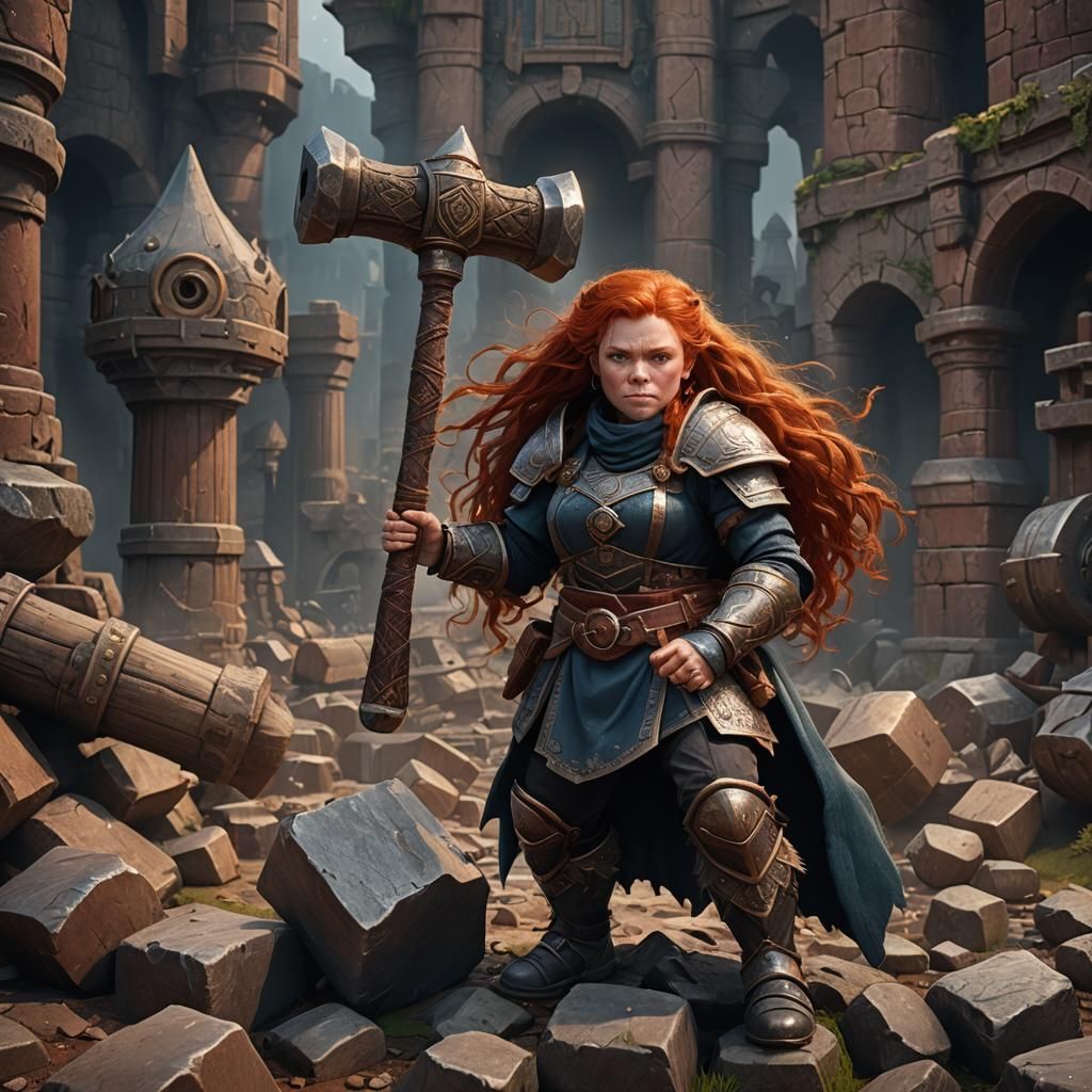 Red-Haired Dwarf Woman with Hammer: Detailed Matte Painting