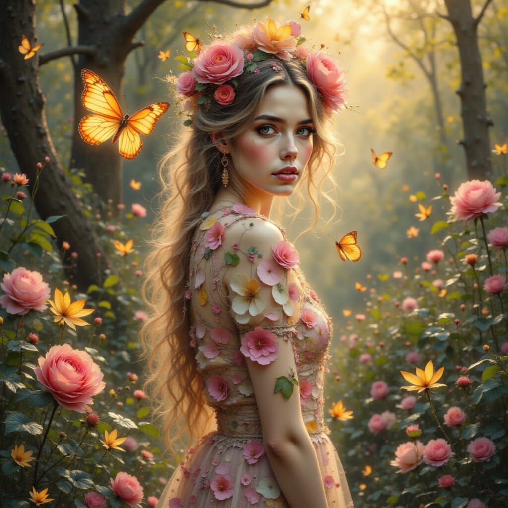 Ethereal Woman in Floral Attire, Fantasy Photography