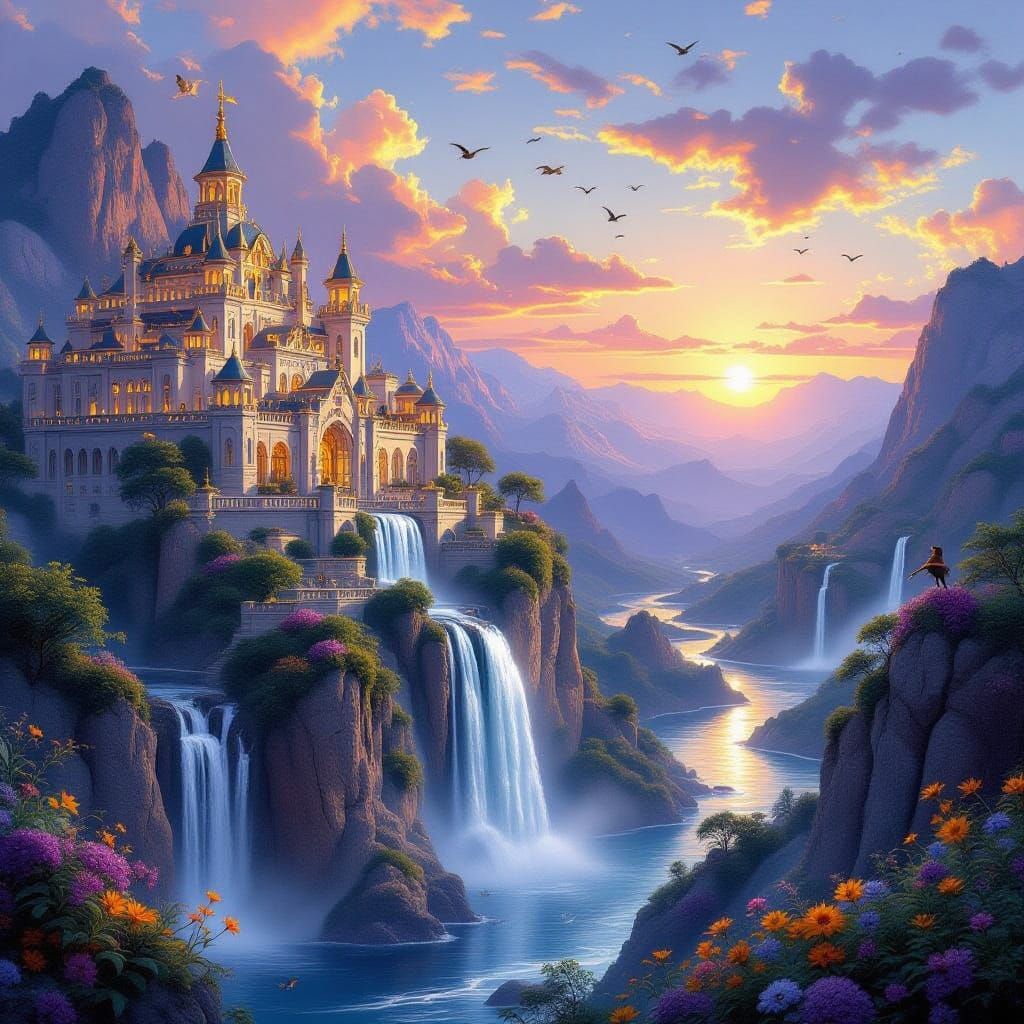 Palace Carved Into Mountain with Waterfalls at Sunset