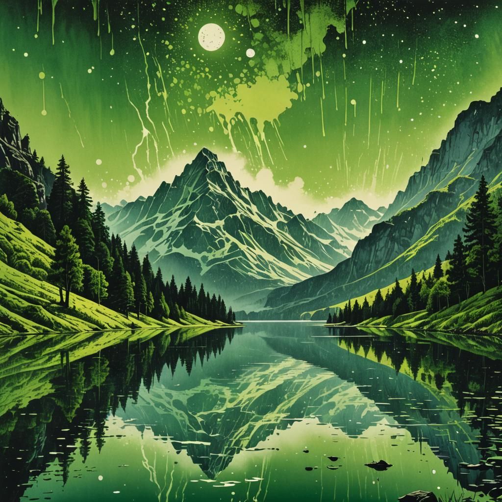 Mountainscape Reflected in Lake, Vintage Ink Drawing