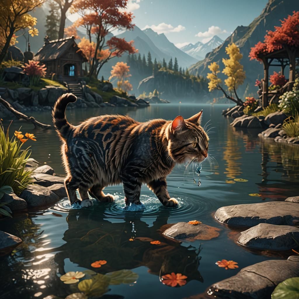 Cat Drinks From Lake: Detailed Fantasy Art
