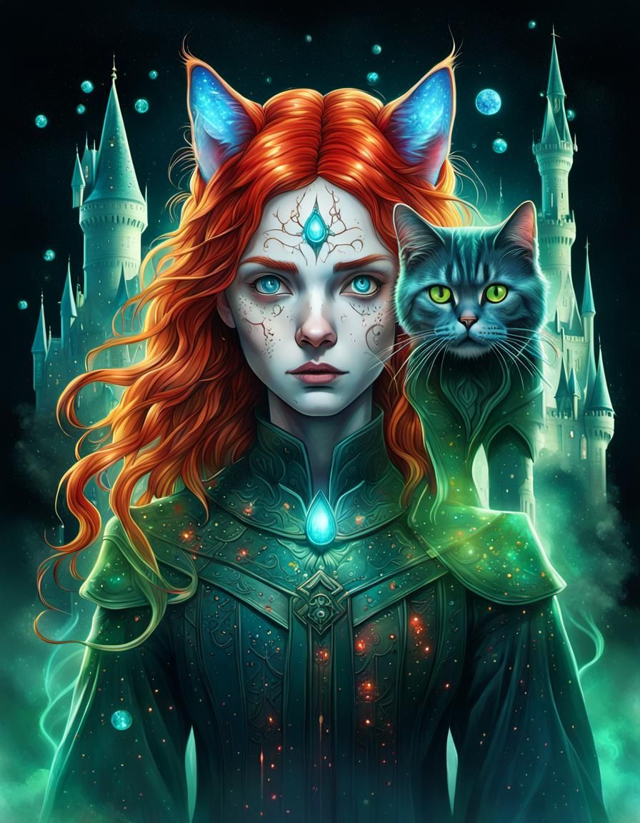 Cosmic Hermione with Cat in Astral Holographic Style