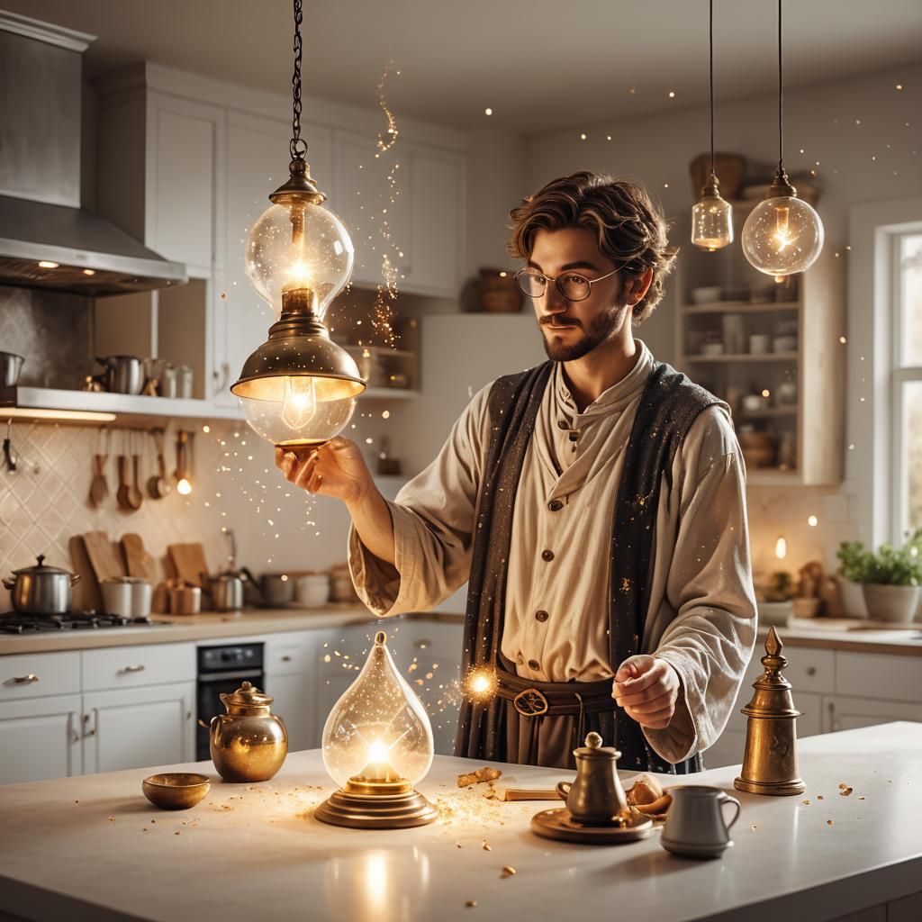 Young Wizard Creates Magical Lamp in Dreamy Lighting