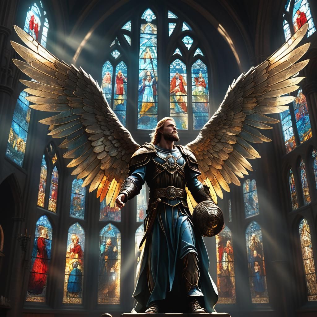Angel Confronts Viking in Church, Detailed Matte Painting