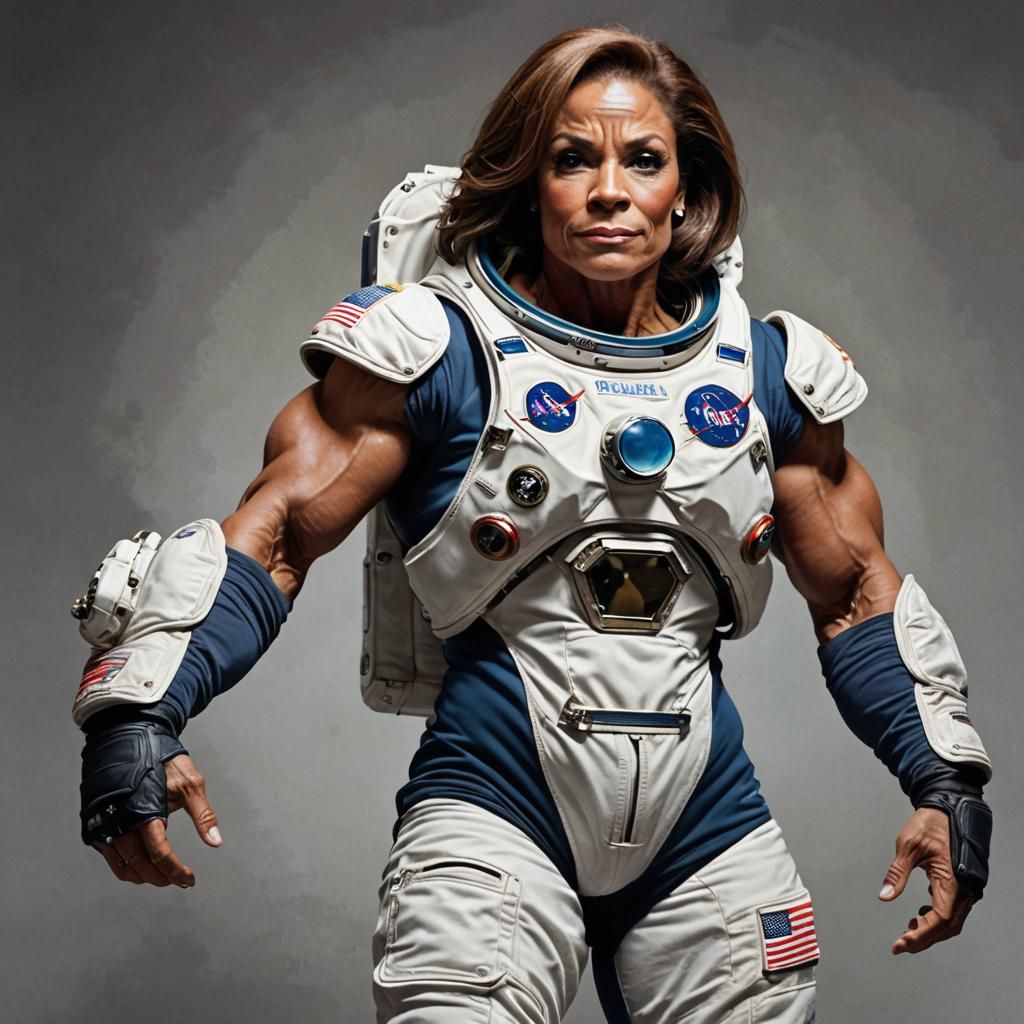 Female Bodybuilder Astronaut Flexing Biceps
