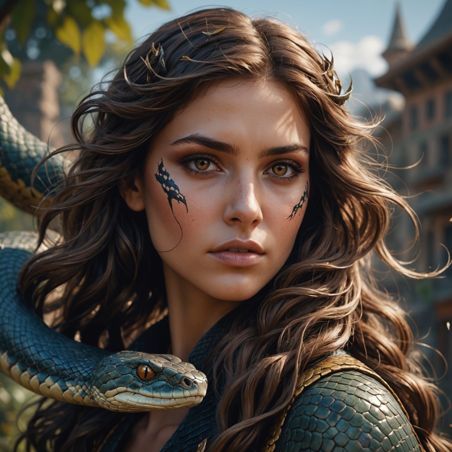 Girl with Snake Skin in Gouache Style