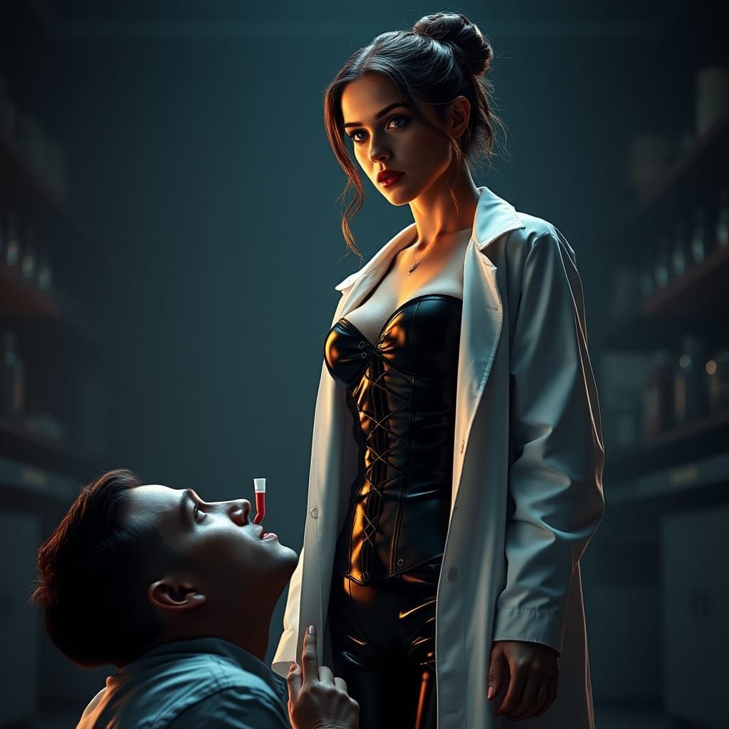 Stern Scientist in Latex Boots, Dramatic Lighting