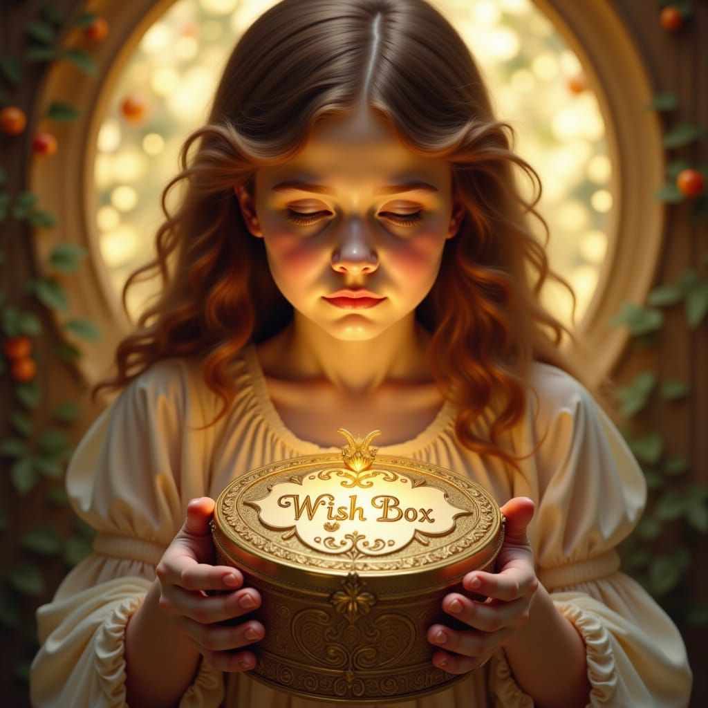 Girl Holds Ornate Golden Wish Box in Luminous Style