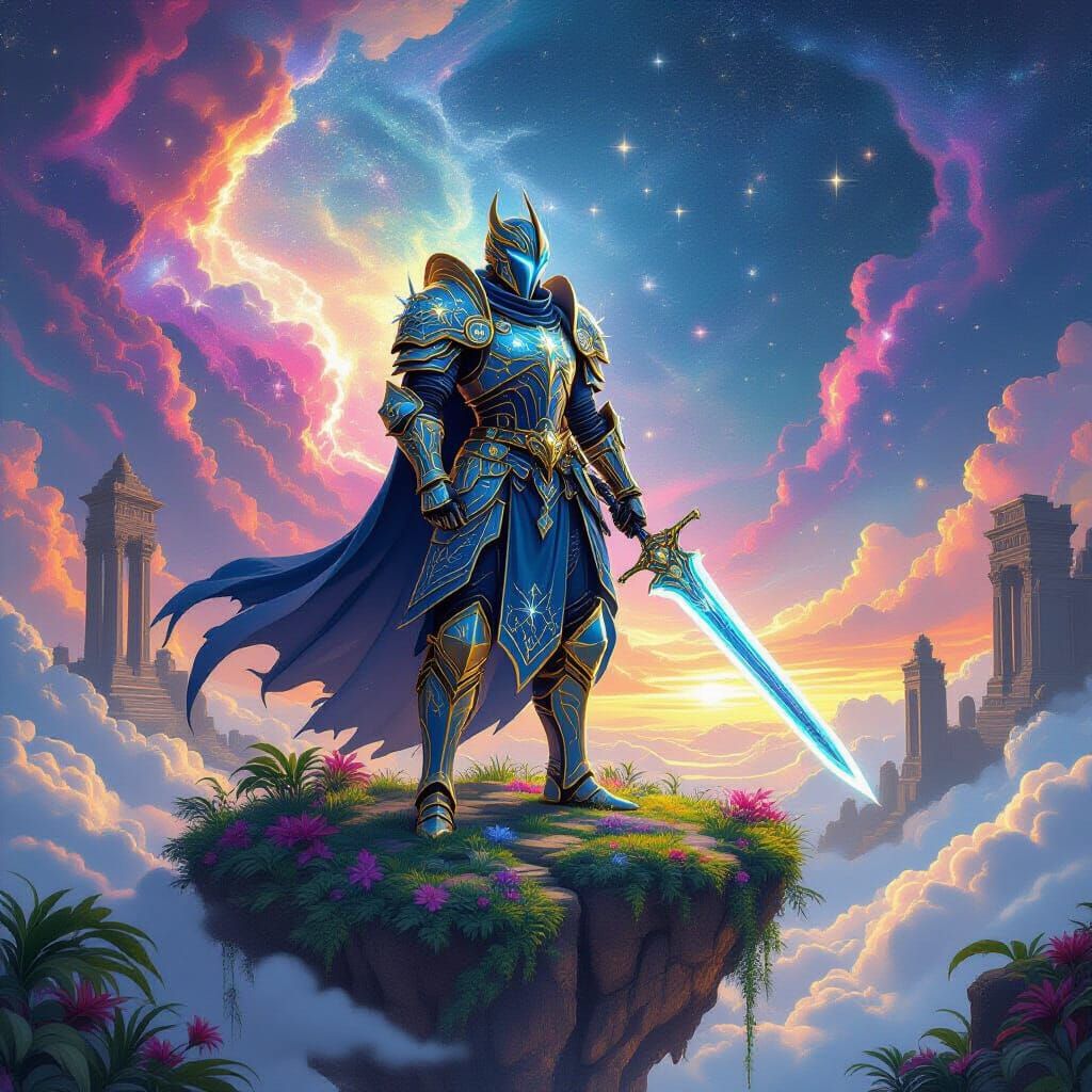 Celestial Knight in Zodiac Armor on Floating Island
