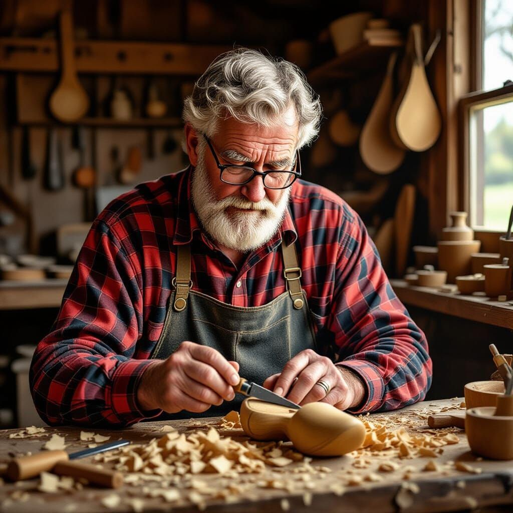 Old Man Carving Wooden Clogs in Rustic Woodshop