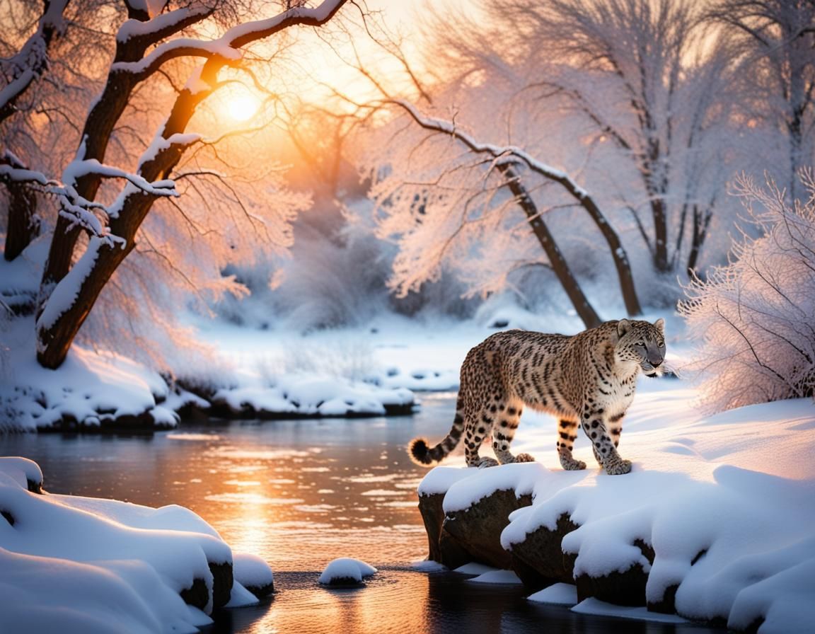 Magical Winter Wonderland of Snow Trees Water Snow Leopard
