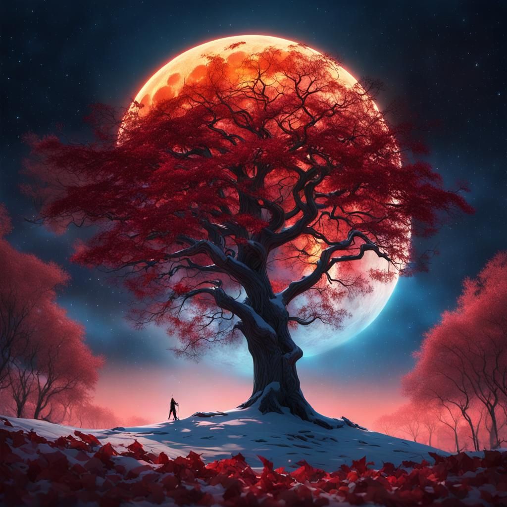 Winter Tree Under a Colorful Moon: Digital Matte Painting