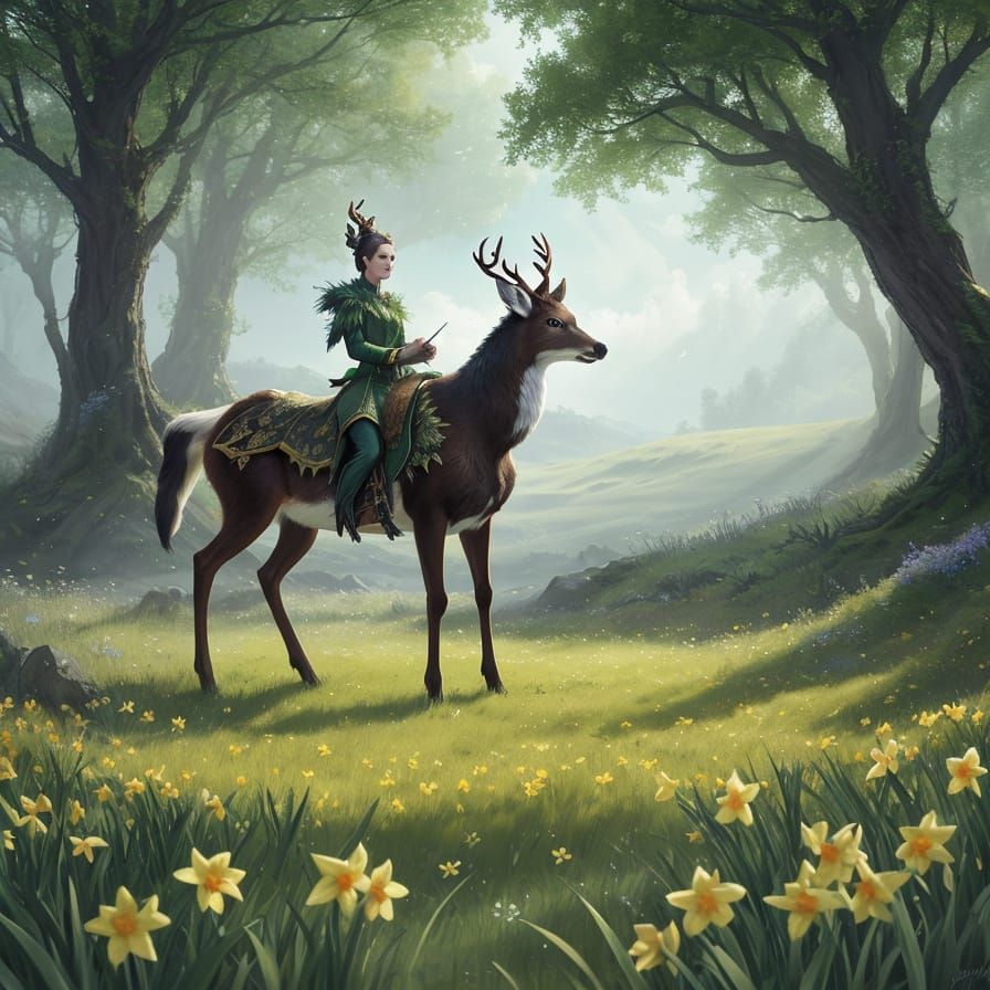 Fantasy Deer-Swallow Hybrid With Blooming Daffodils