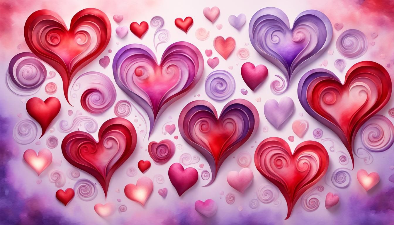 Psychedelic Watercolor Hearts with Magical Elements