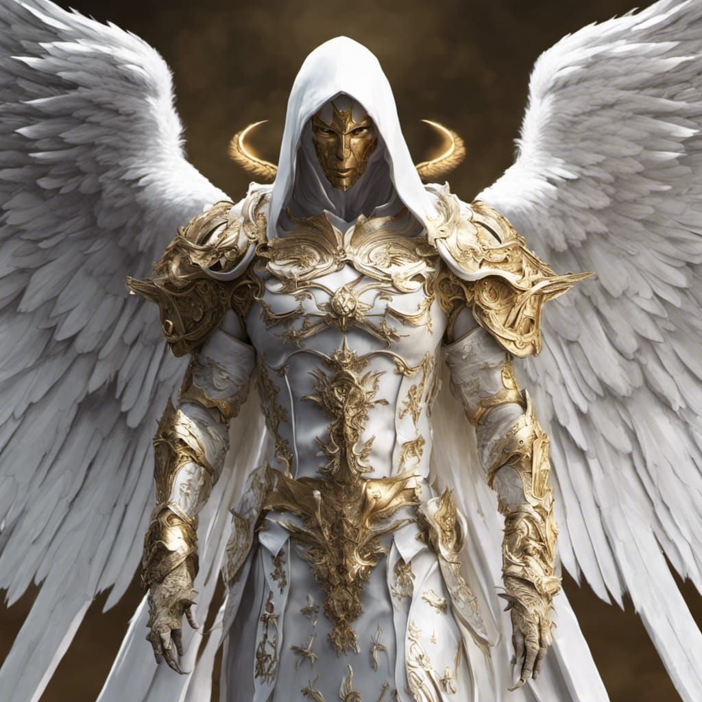 Incredibly white, blinding white, angel, man with white hood, with amazing wings, gold armor, angelic, wholesome, realit...
