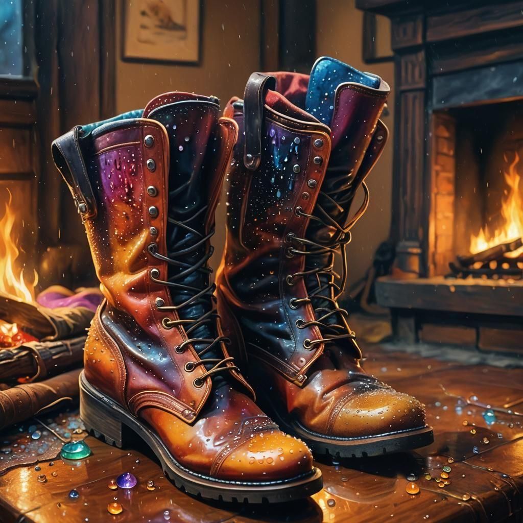 Dew-Kissed Boots by a Crackling Fire