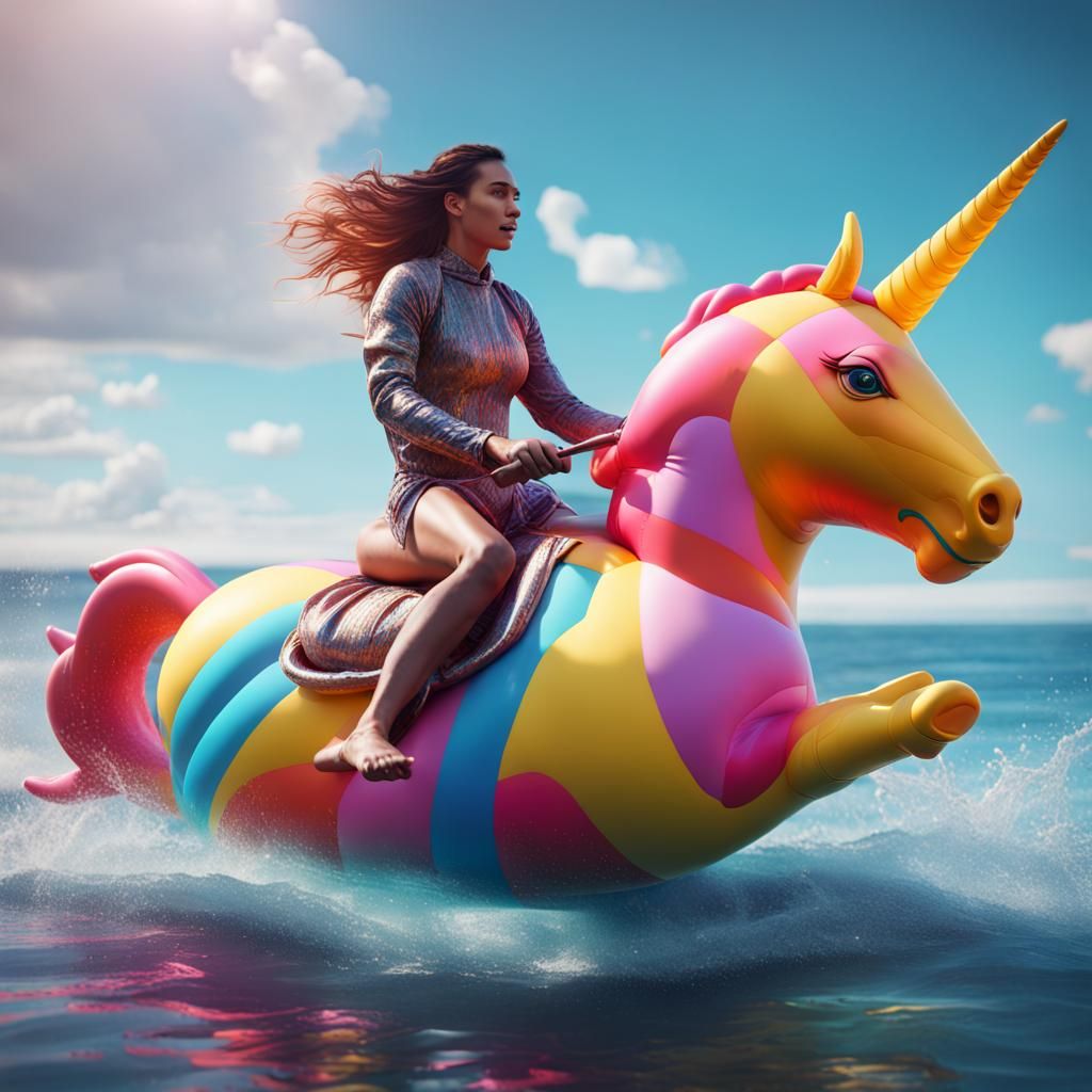 Woman Rides Unicorn Pool Toy: Fantasy Art