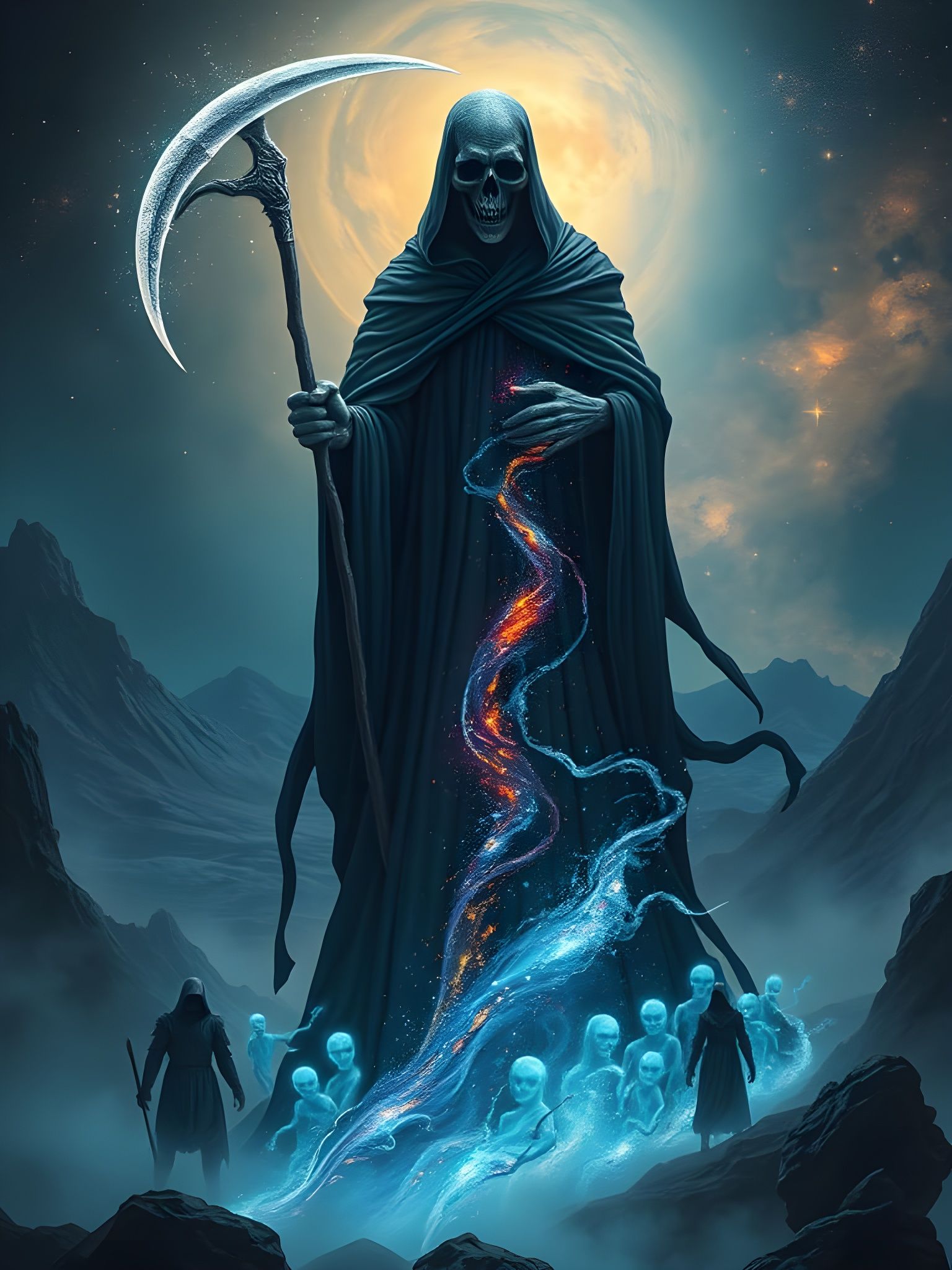 Cosmic Grim Reaper Guiding Souls Through Worlds