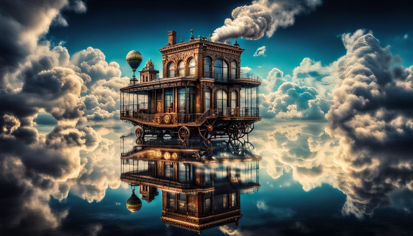 Infinite Phrase in Clouds: Hyperrealistic Steampunk Art