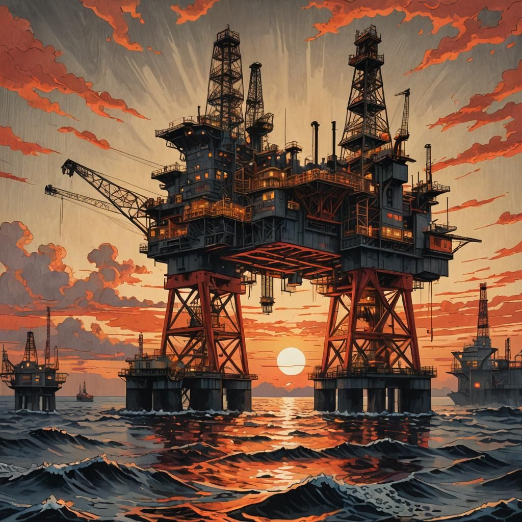 Ukiyo-e Oil Platform at Sunset