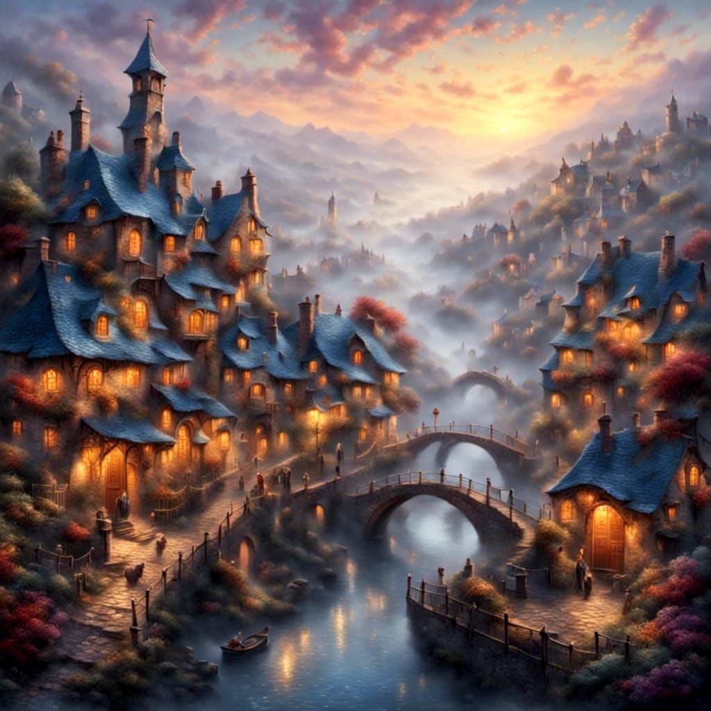 Ethereal Fantasy City at Dawn in Kinkade Style