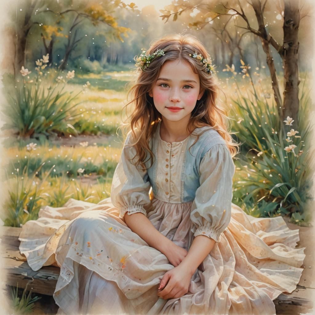 Dreamy Watercolor Portrait of a Young Girl