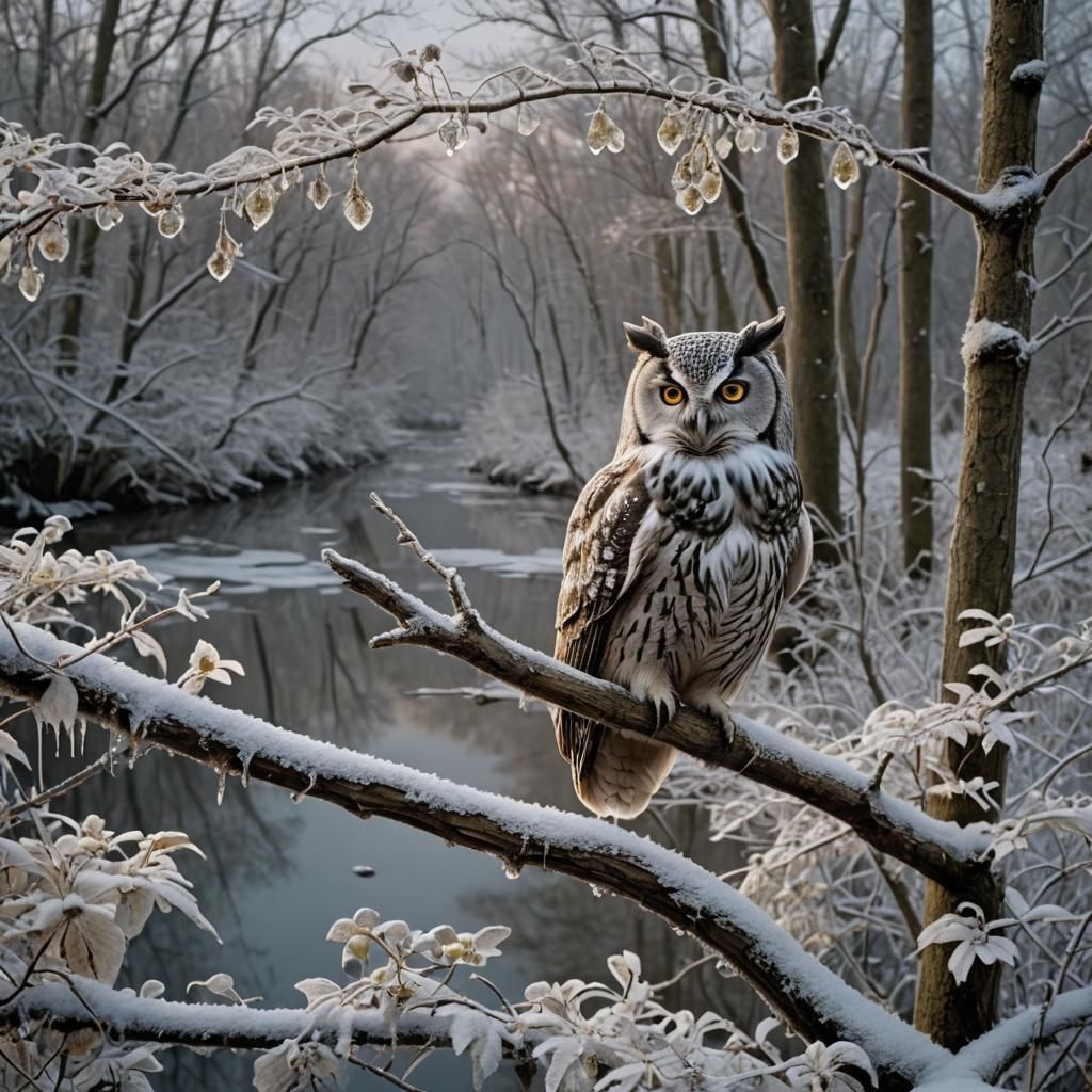 Snowy Forest River at Dusk with Owl
