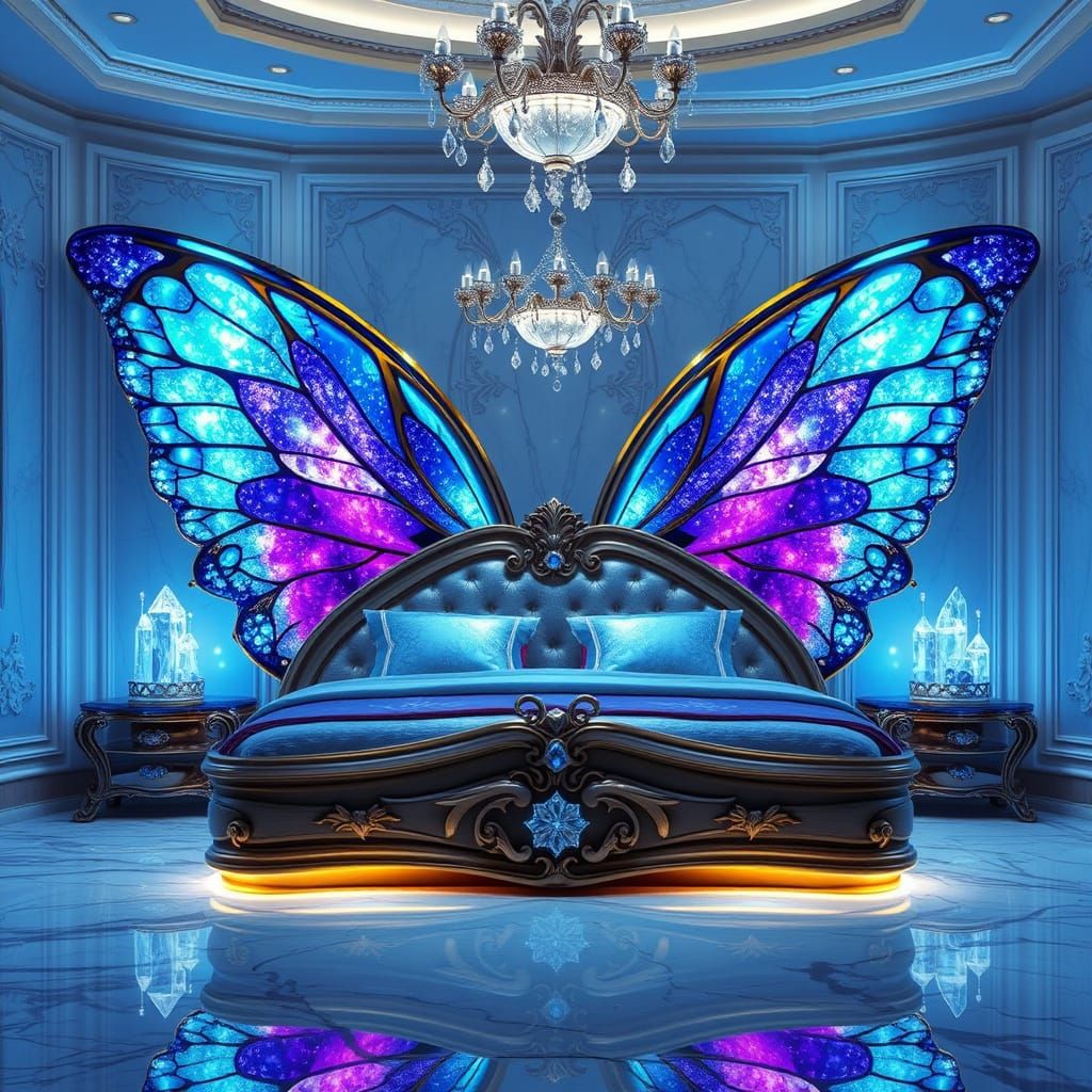 Luxurious Fantasy Bed with Butterfly Wings Headboard