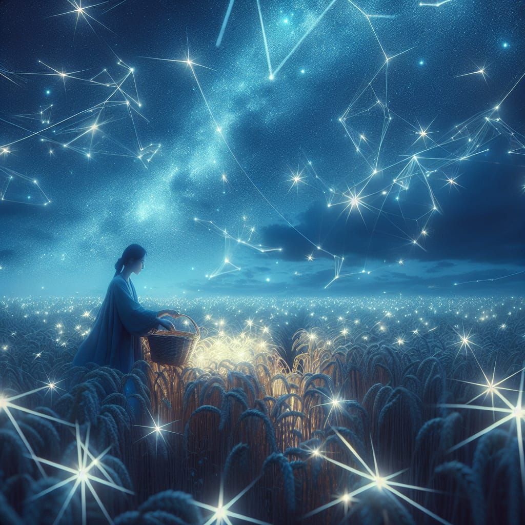 Lone Figure Harvests Glowing Stars in Surreal Dreamscape