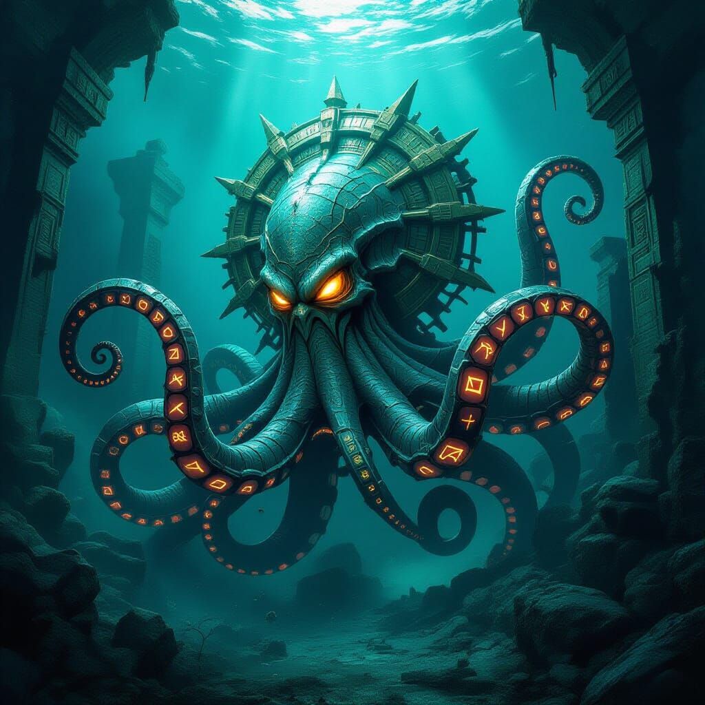 Clockwork Kraken Rises From Ocean Trench Amid Ancient Ruins