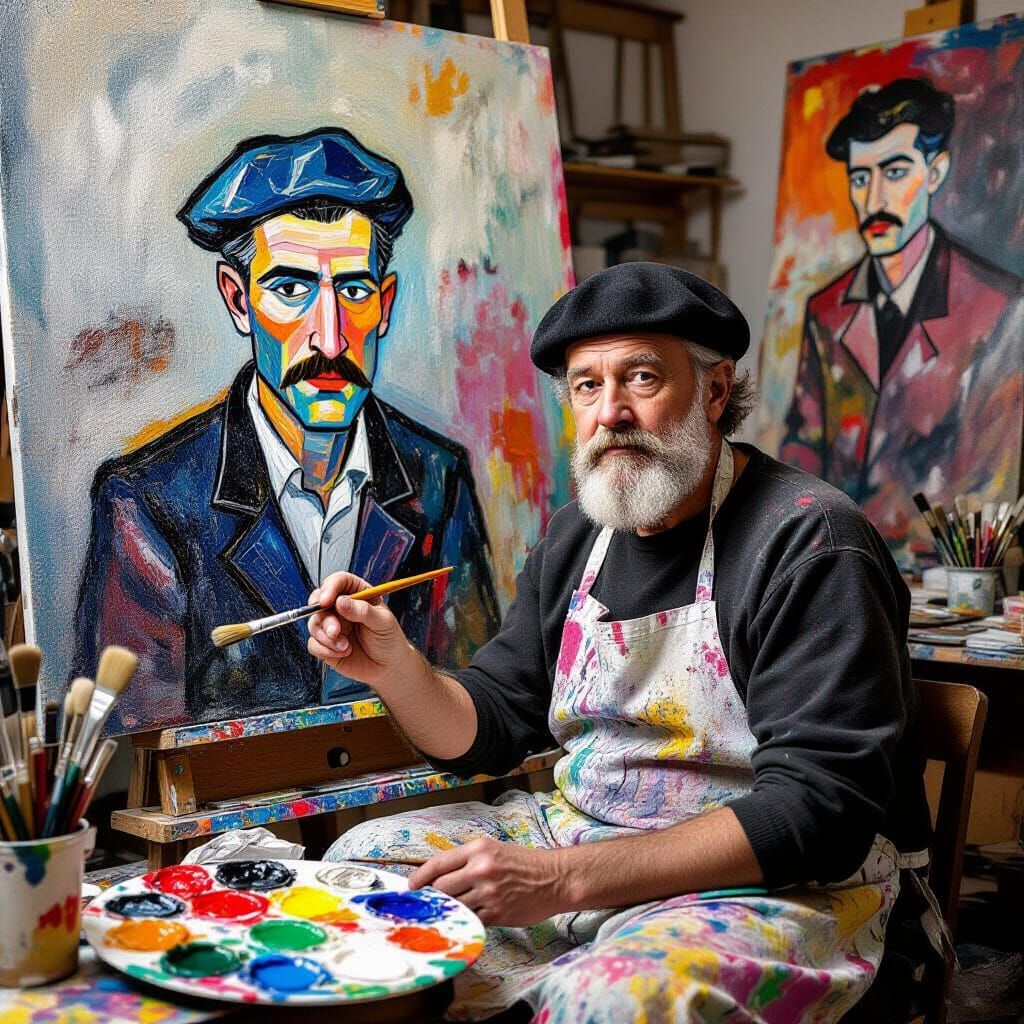 Artist in Studio with Expressive Painting