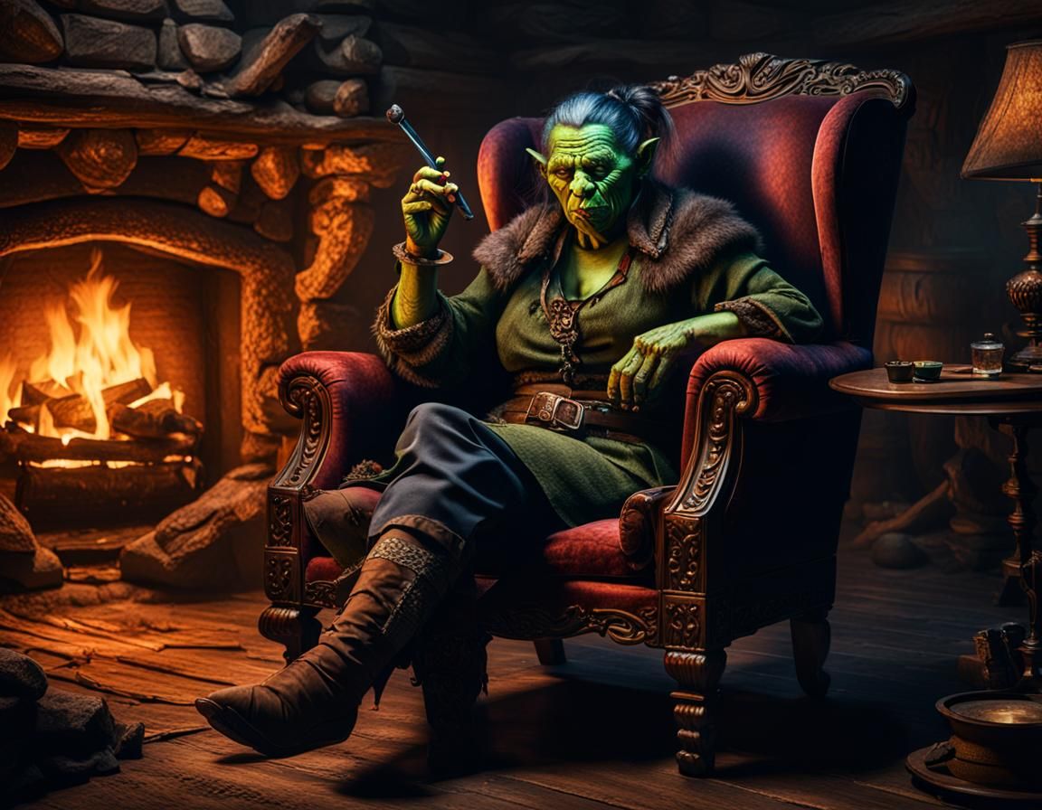 Orc Adventurer Smoking Pipe, Oil Painting Style