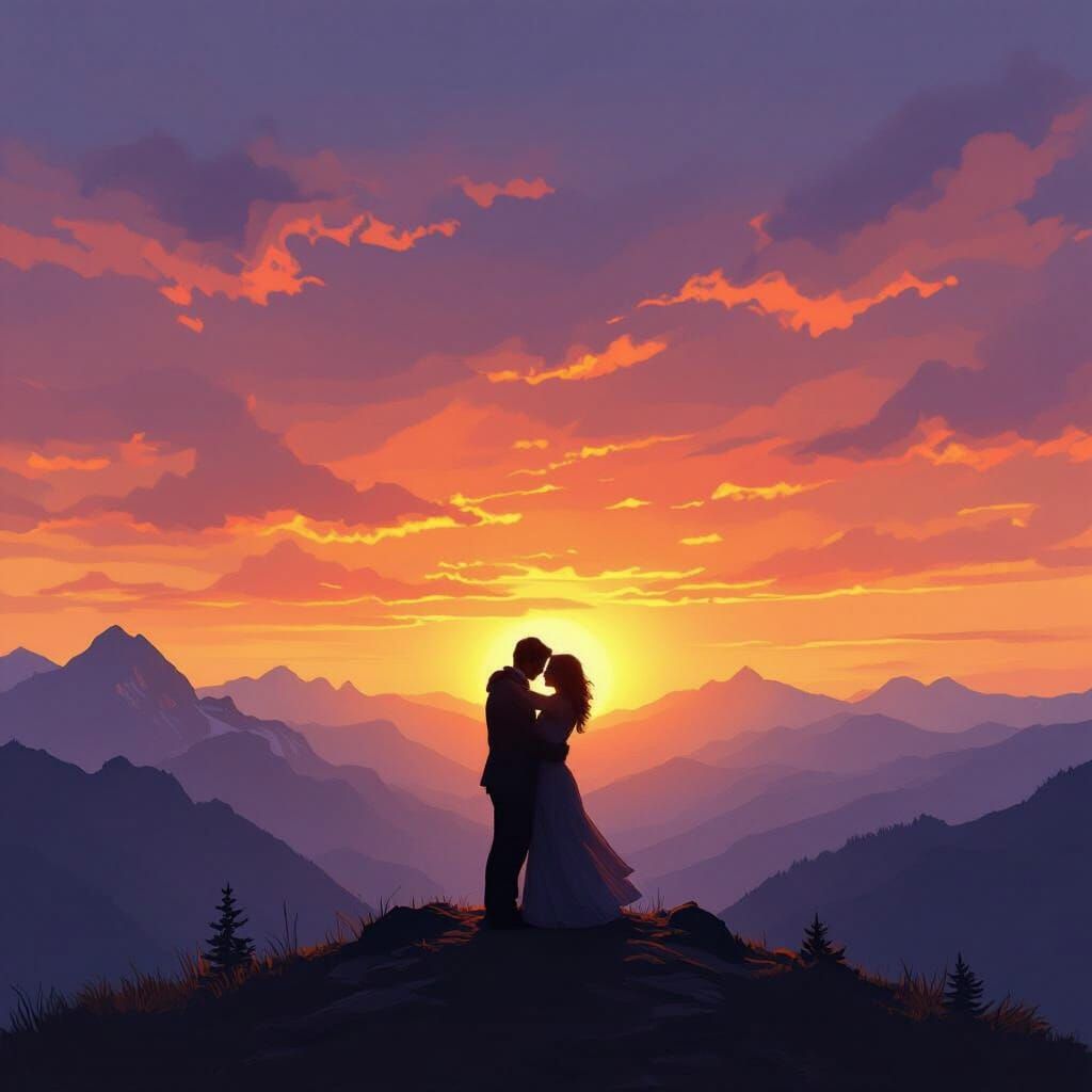 Silhouetted Couple Embraces at Vibrant Sunset Mountain Summi...