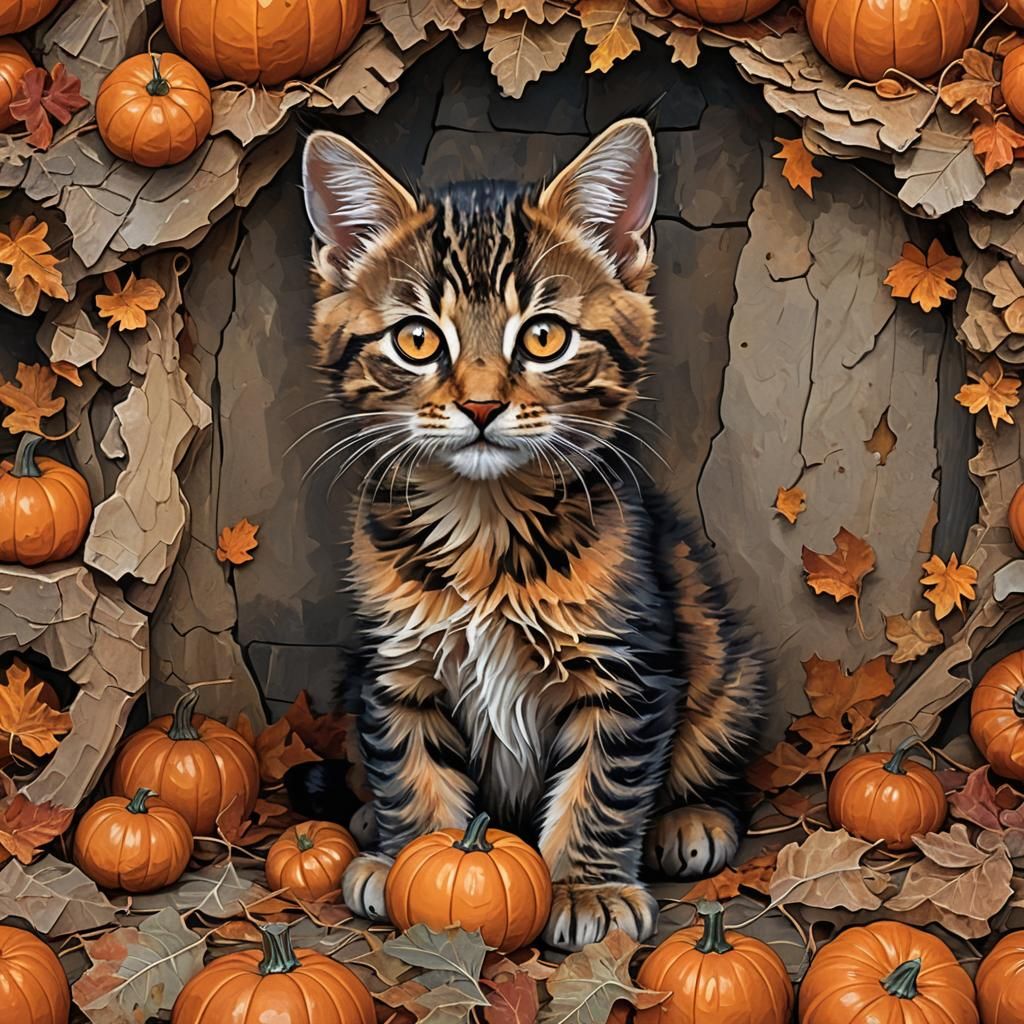 Tabby Kitten Playing with Pumpkins in Art Deco Style