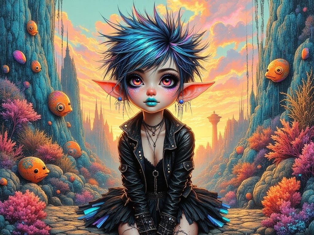 Cyberpunk Pixie Amidst Rainbow Fish and Seaweed