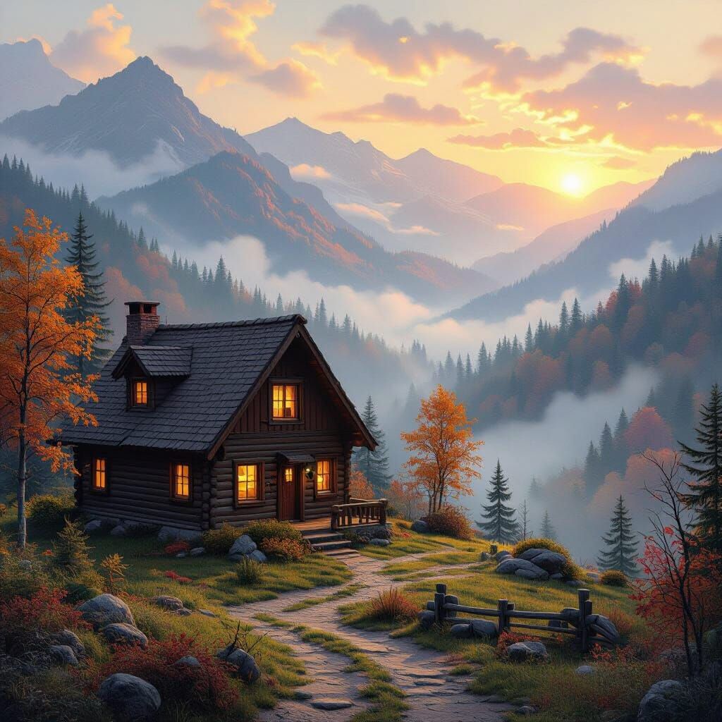 Misty Mountain Cabin at Sunrise in Kinkade Style