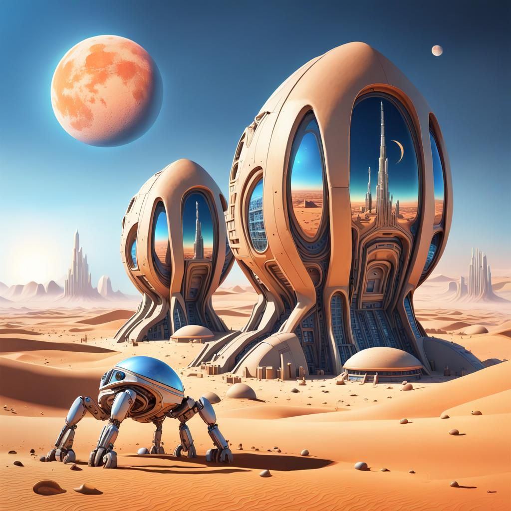 Futuristic Desert Cityscape with Giant Robot