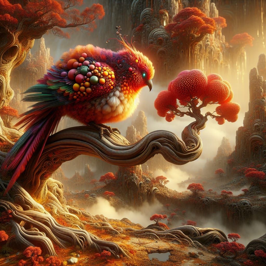 Fantasy Bird Perched in Maximalist Landscape
