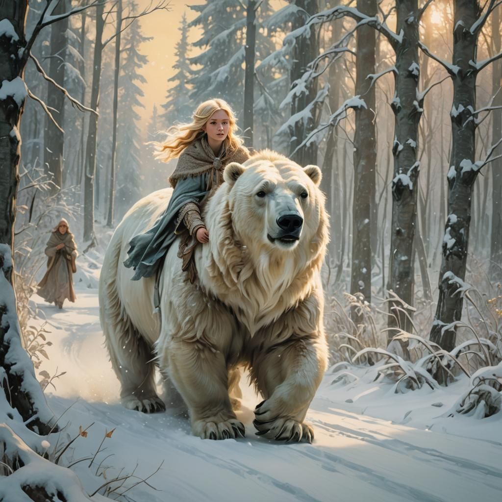 Whimsical Princess Rides Polar Bear Through Snowy Forest in....