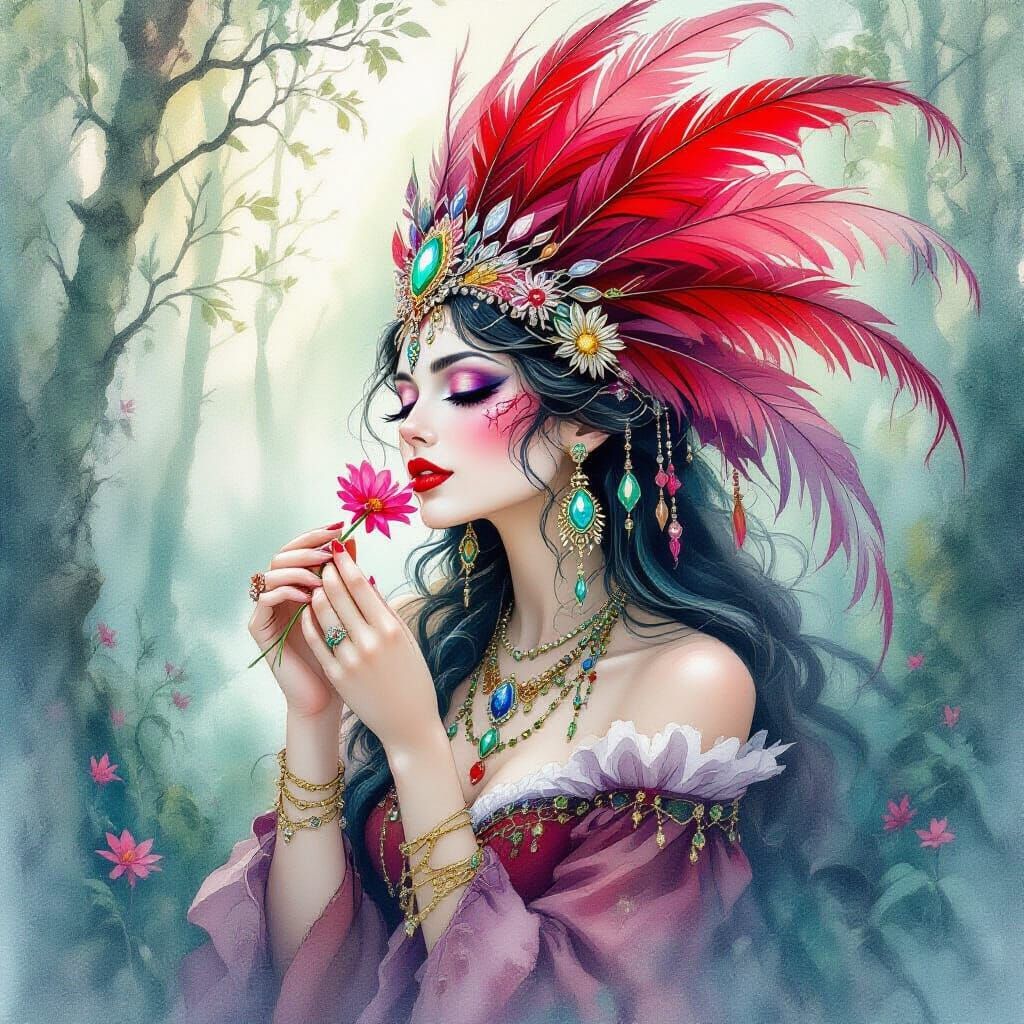 Gothic Woman Sipping Nectar in Watercolor Style