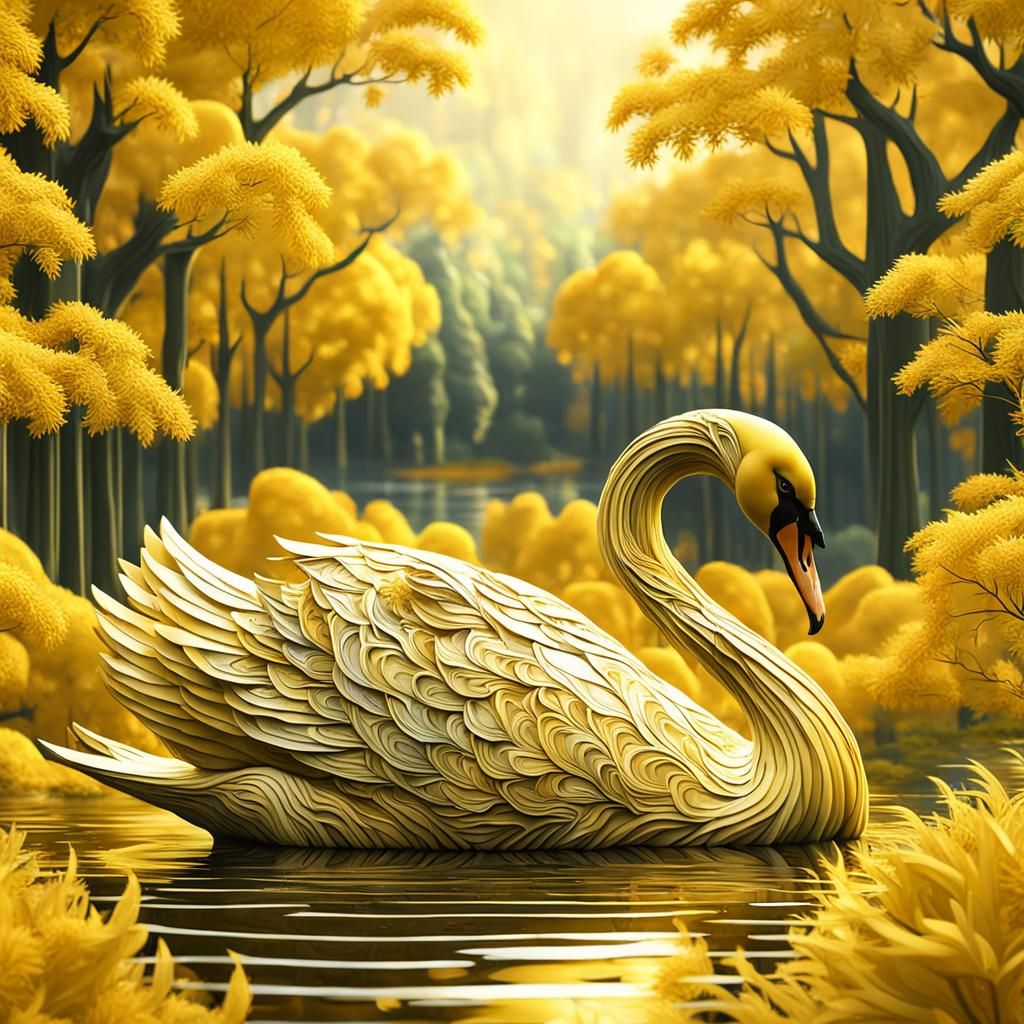 Hyperdetailed Yellow Swan in Breathtaking Forest