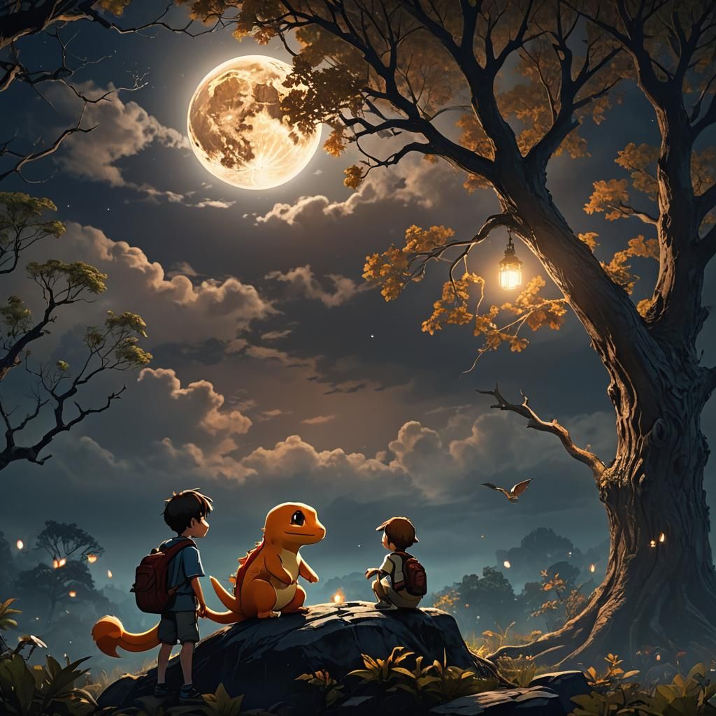 Boy and Charmander Under Moonlight: Epic Fantasy Illustratio...