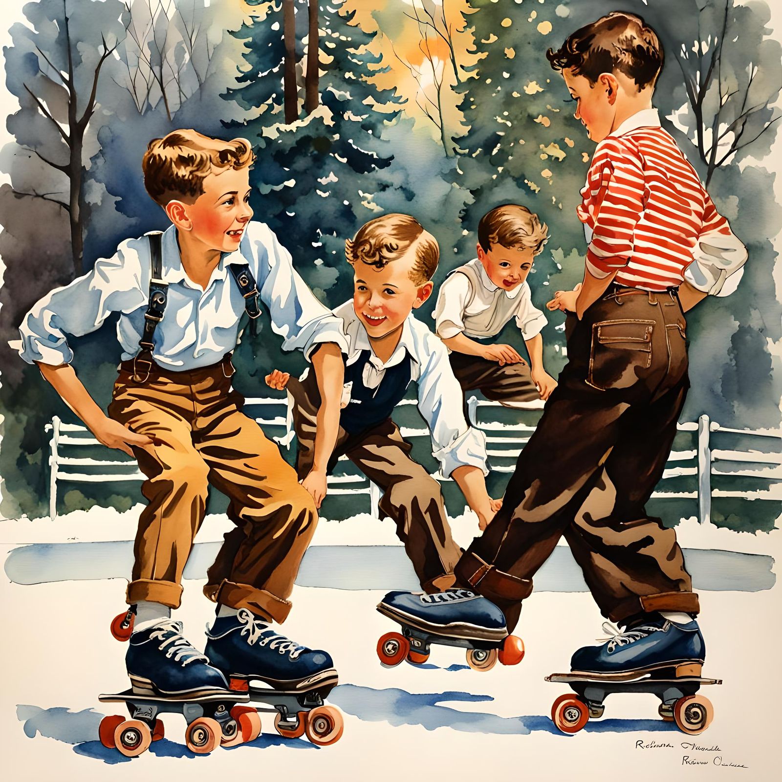 Boys Roller Skating in Retro American Art Style