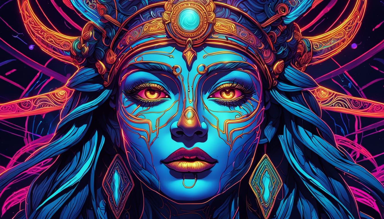 Neon Goddess Face Sign in Comic Book Style