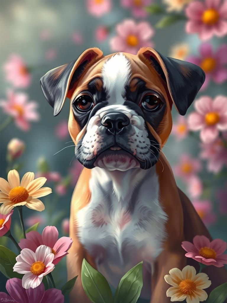Boxer Puppy in Floral Spring Digital Painting