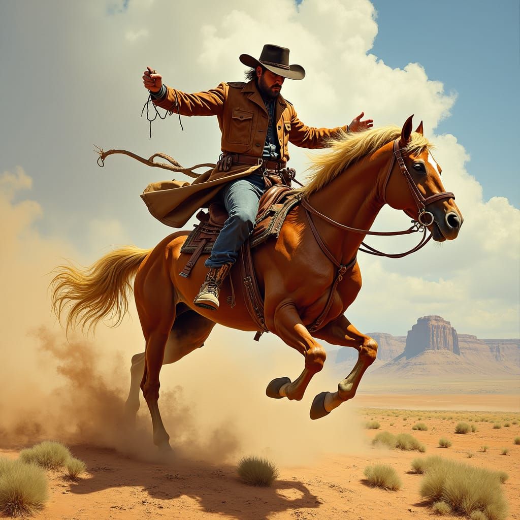 Dramatic Cowboy on a Bucking Palomino in Classic Western Oil...