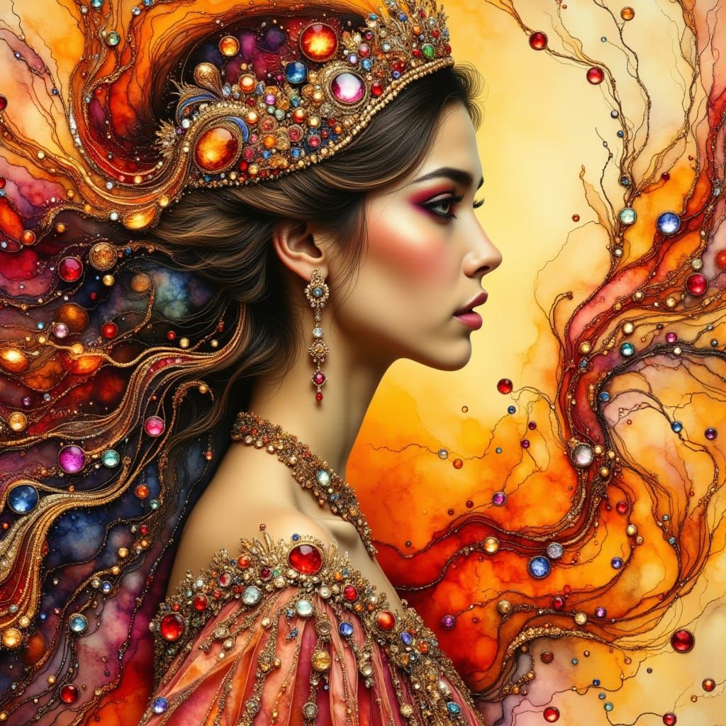 Whimsical Princess in Warm, Art Nouveau-Inspired Gown