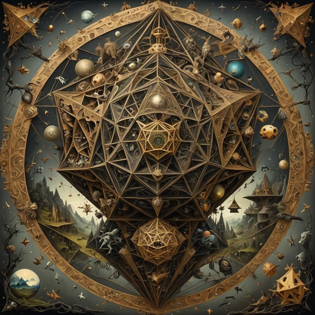Icosahedron Art Blending Bosch and Dalí in Surreal Style