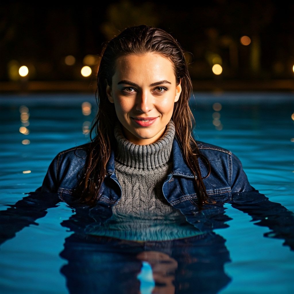 Glamorous Portrait of Brunette in Moonlit Pool