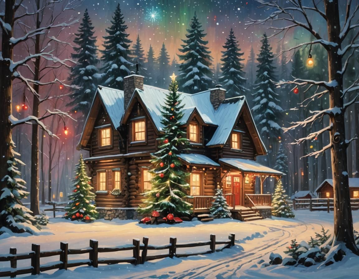 Winter Wonderland Log Cabin Christmas Scene